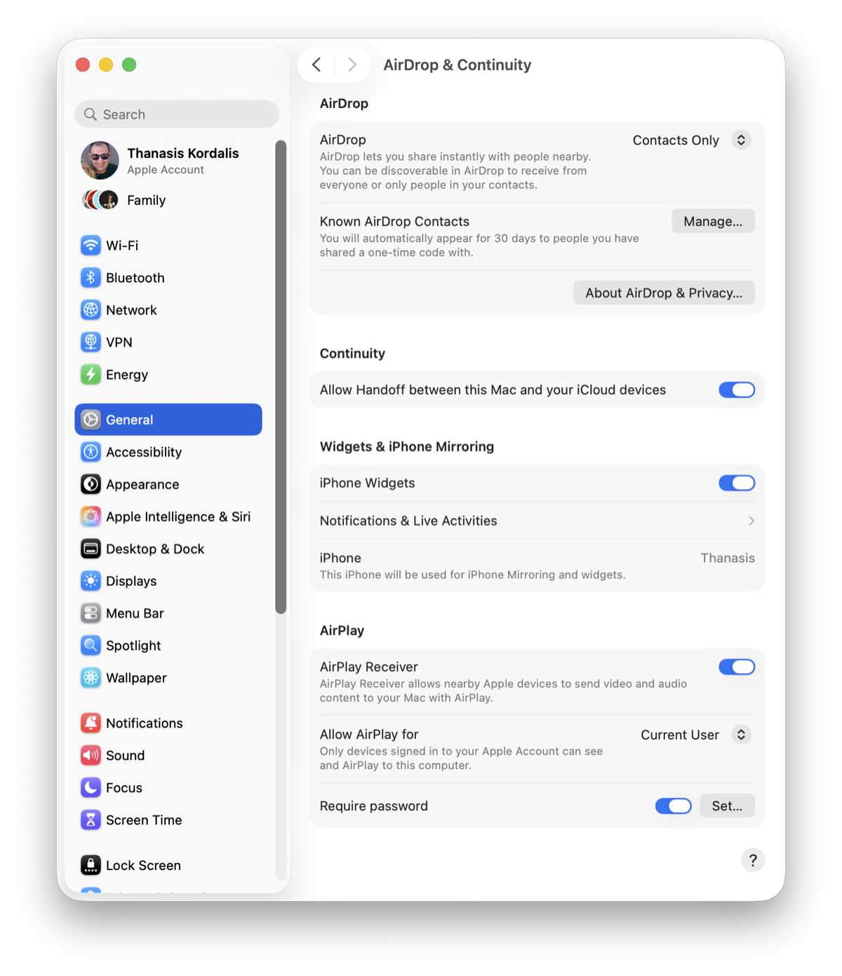 Ρυθμίσεις AirDrop & Continuity στον Mac – AirDrop σε Contacts Only και ενεργό Handoff