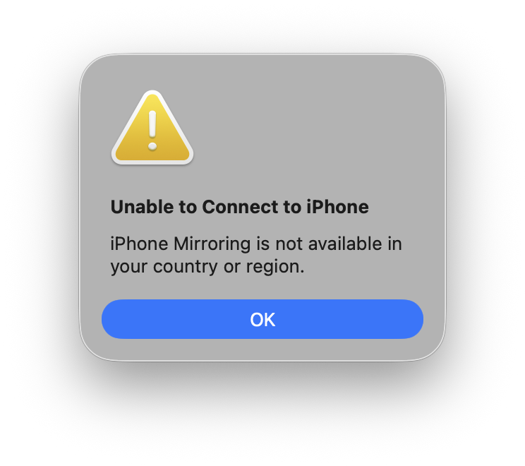 Μήνυμα iPhone Mirroring is not available in your country or region σε Mac στην Ελλάδα