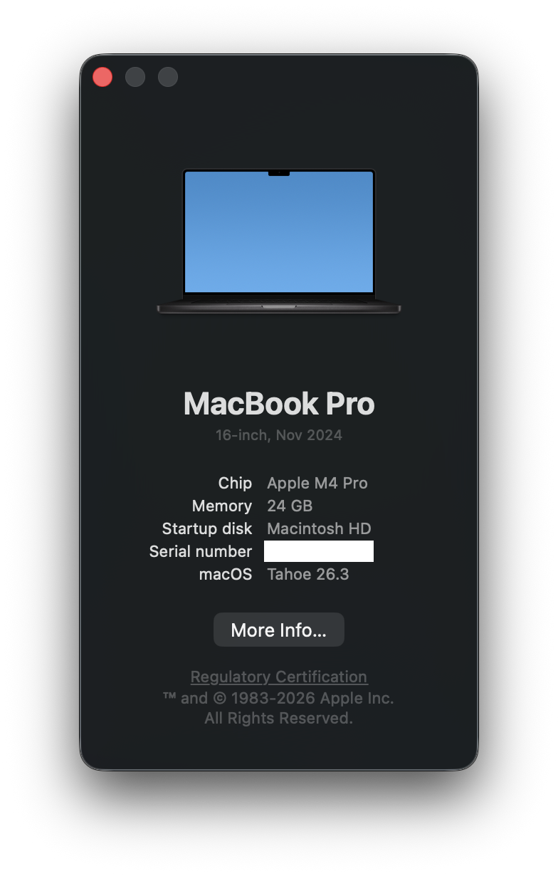 About This Mac – MacBook Pro M4 Pro με macOS Tahoe