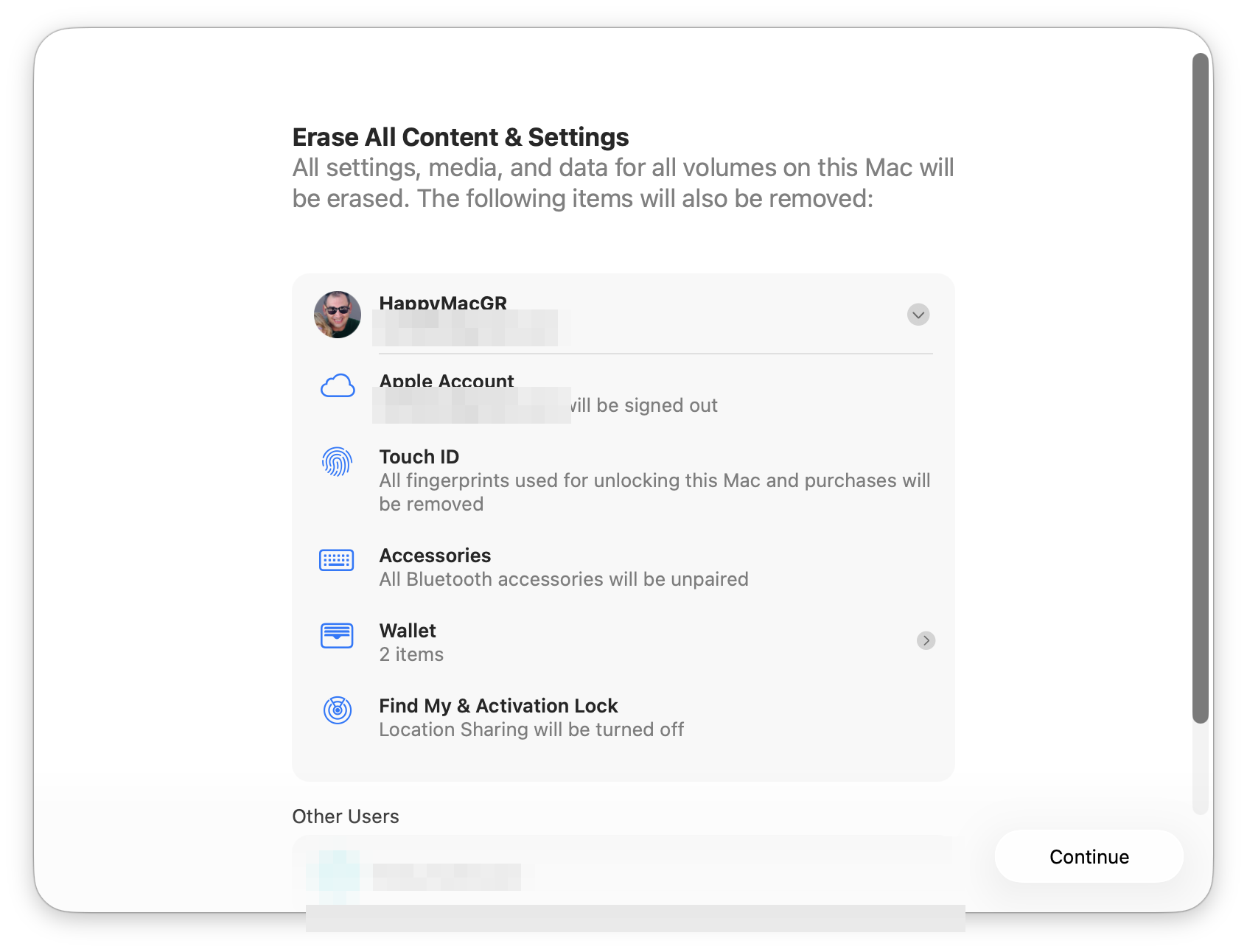 Ο Βοηθός σβησίματος του macOS δείχνει τη λίστα με όσα θα αφαιρεθούν: Apple Account, Touch ID, αξεσουάρ Bluetooth, Wallet, Find My και Activation Lock