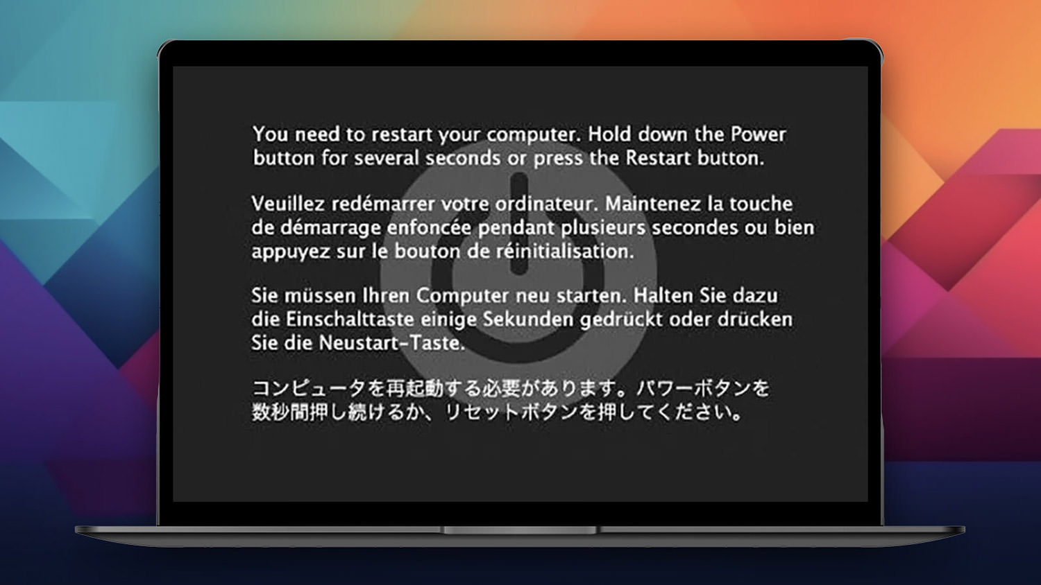 Η τυπική οθόνη kernel panic στον Mac – μήνυμα restart σε πέντε γλώσσες