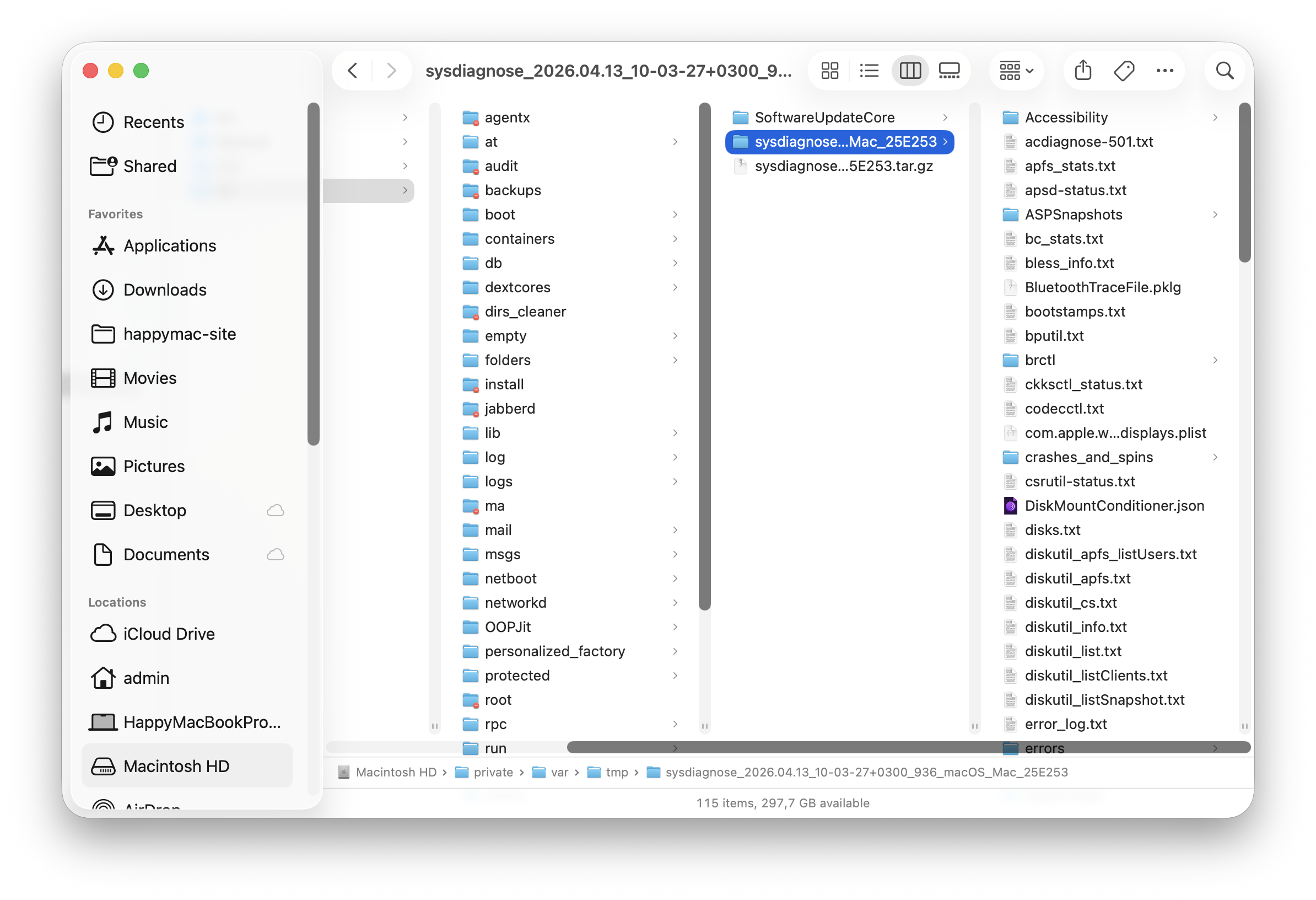 Finder window με το αρχείο sysdiagnose_*.tar.gz στο /var/tmp/
