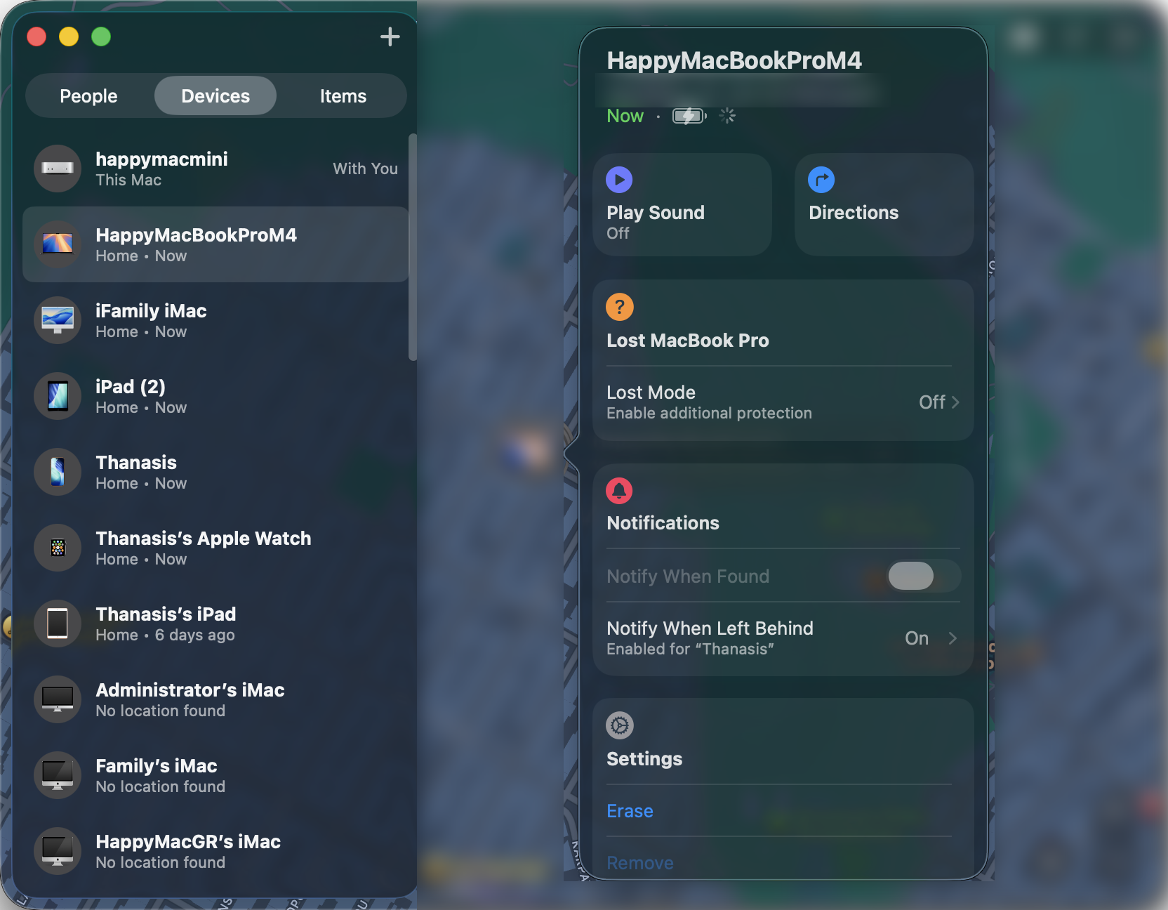 Το αναλυτικό panel μιας συσκευής στο Find My στον Mac, με τα κουμπιά Play Sound και Directions, την επιλογή Lost Mode και τις ειδοποιήσεις Notify When Found