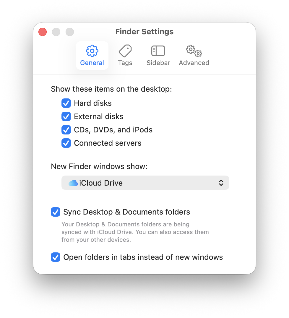 Ρυθμίσεις Finder σε macOS, καρτέλα Γενικά: η λίστα «Show these items on the desktop» με τσεκαρισμένη την επιλογή External disks