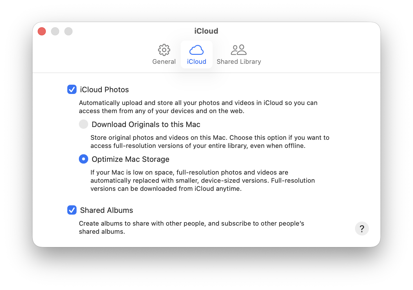 Photos → Settings → iCloud με ενεργοποιημένο το Optimize Mac Storage