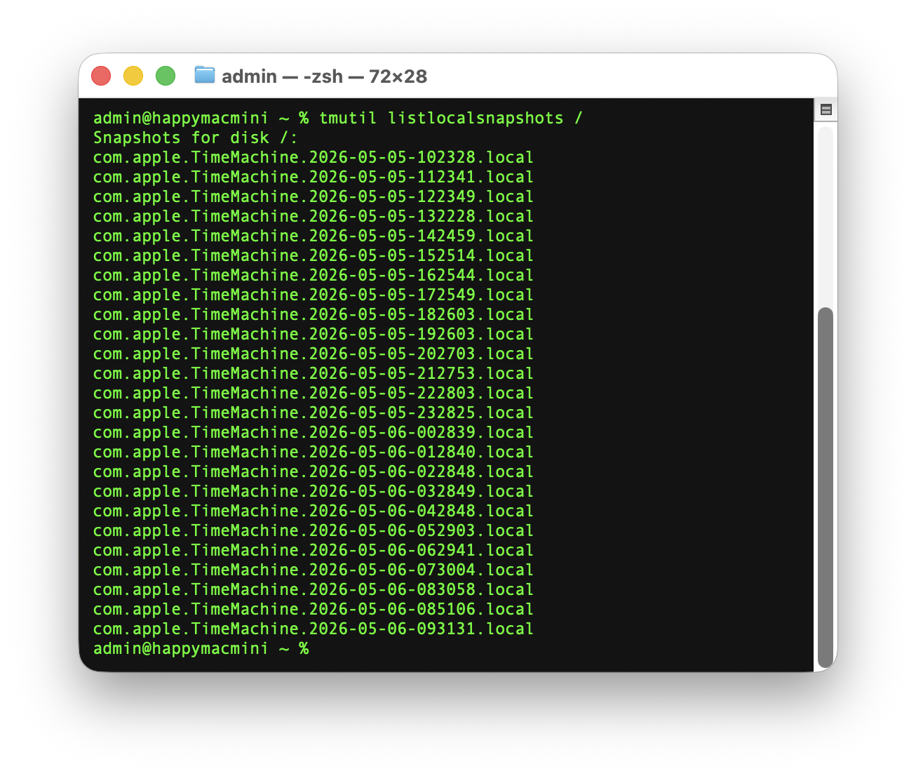 Terminal με output της εντολής tmutil listlocalsnapshots – λίστα από Time Machine snapshots