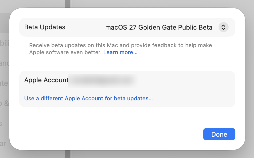 Ο διάλογος Beta Updates στις Ρυθμίσεις συστήματος του macOS, με επιλεγμένο το macOS 27 Golden Gate Public Beta και το κουμπί Done