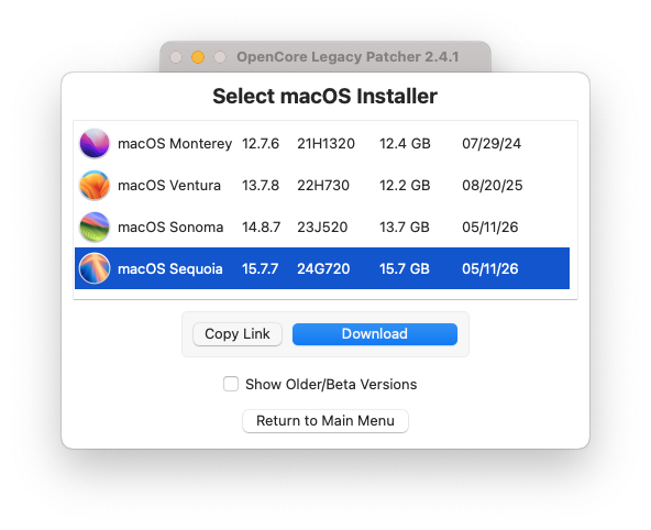 Το παράθυρο Select macOS Installer του OpenCore Legacy Patcher με λίστα εκδόσεων Monterey, Ventura, Sonoma και επιλεγμένο το macOS Sequoia 15.7.7