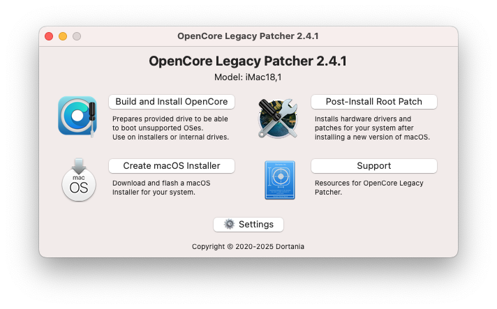 Το κύριο παράθυρο του OpenCore Legacy Patcher 2.4.1 σε iMac 2017 (Model: iMac18,1) με τις επιλογές Build and Install OpenCore, Post-Install Root Patch, Create macOS Installer και Support