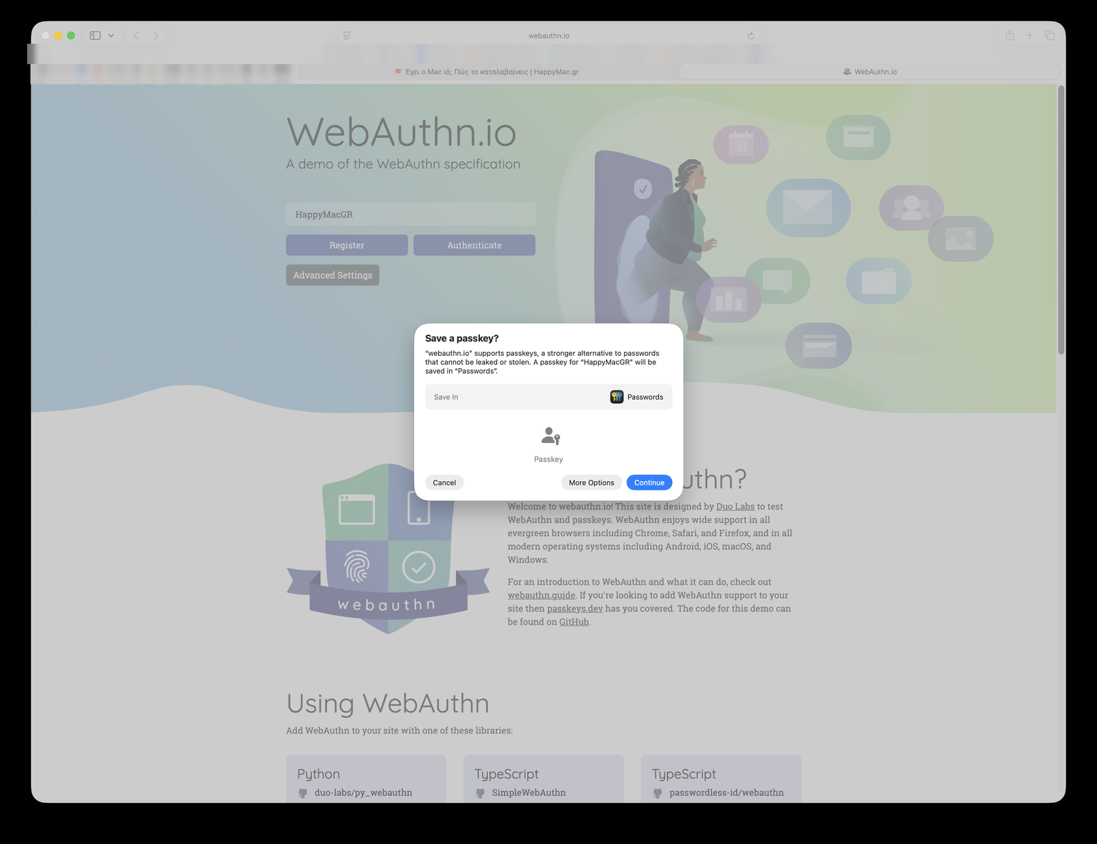 Ο διάλογος «Save a passkey?» του Safari στη δοκιμαστική σελίδα webauthn.io: το passkey αποθηκεύεται στην εφαρμογή Passwords με ένα κλικ στο Continue